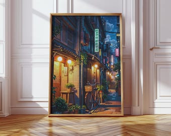 Tokyo Street Art Print: Japanese Cityscape with Vintage Bicycle (Digital Download)