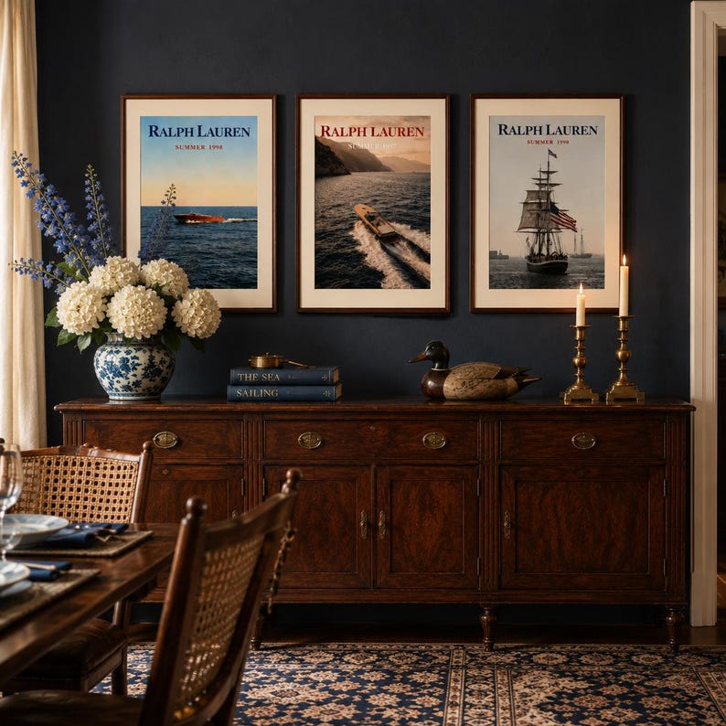 Vintage Nautical Wall Art Set of 3, Coastal Sailboat Prints, Ralph Lauren Style Decor, Nantucket Summer Wall Art, New England Digital print image 2