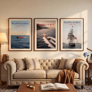 Vintage Nautical Wall Art Set of 3, Coastal Sailboat Prints, Ralph Lauren Style Decor, Nantucket Summer Wall Art, New England Digital print image 1