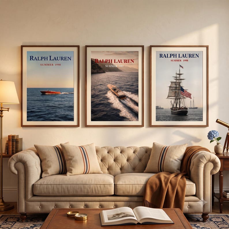 Vintage Nautical Wall Art Set of 3, Coastal Sailboat Prints, Ralph Lauren Style Decor, Nantucket Summer Wall Art, New England Digital print image 1