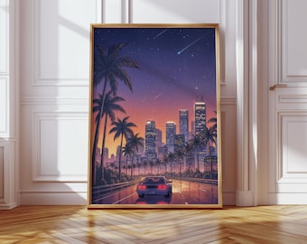 Stampa artistica di Retro City Drive, arte murale con skyline notturno al neon, poster estetica Synthwave Vaporwave, download digitale, regalo per gli amanti delle auto