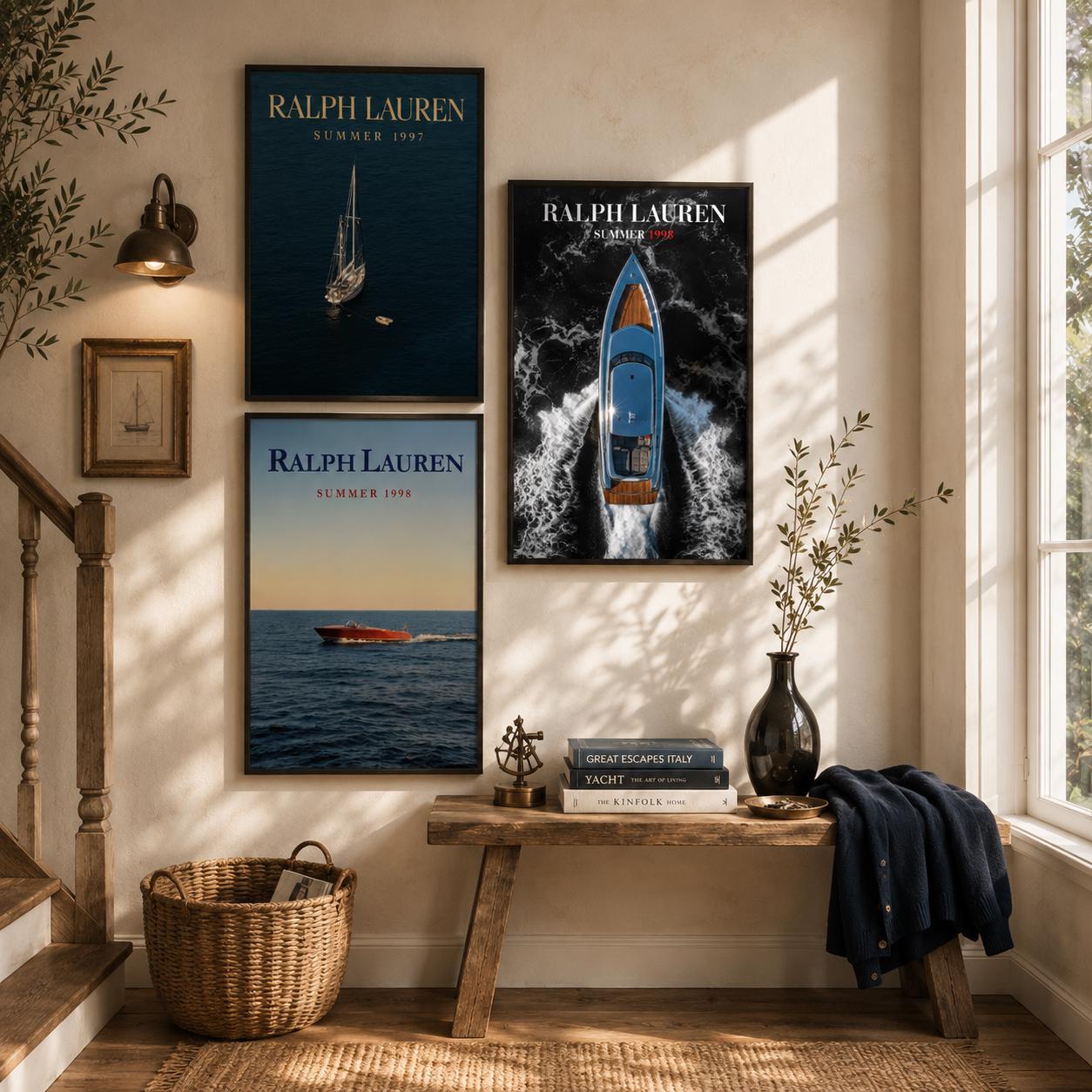 Ralph Lauren Yacht Wall Art Set, Luxury Sailboat Poster Trio, Old