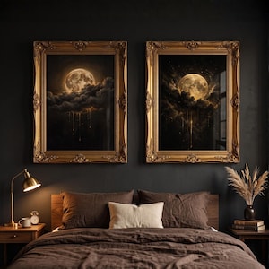 Månen väggkonst set om 2, Whimsigoth Dark Academia tryck, gotisk fullmånediptych, stämningsfull himmelsk ovanför sängdekor, digital nedladdning
