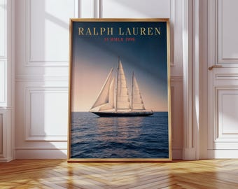 Impression d'art mural voilier de luxe, affiche inspirée de Ralph Lauren, décoration nautique Old Money, style magazine de mode imprimable téléchargement numérique