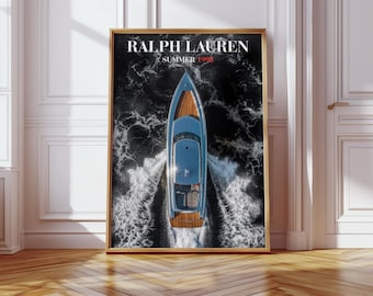 Impression d'art mural yacht de luxe, affiche de voilier inspiré de Ralph Lauren, décoration nautique Old Money, téléchargement numérique de Style Hamptons de la côte