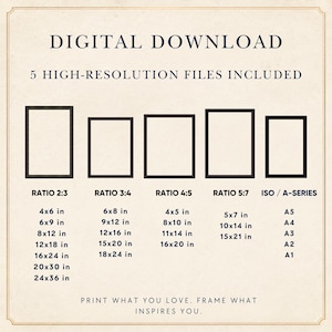 May include: A digital download guide featuring five black rectangular frame outlines representing different aspect ratios. Text includes DIGITAL DOWNLOAD, 5 HIGH-RESOLUTION FILES INCLUDED, various ratios like 2:3, 3:4, 4:5, 5:7, ISO/A-SERIES, and specific inch dimensions for each.