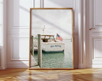 Vintage Yacht Wall Art with American Flag, Nantucket Coastal Decor, Old Money Nautical Print, Preppy Summer Photography, Digital Download