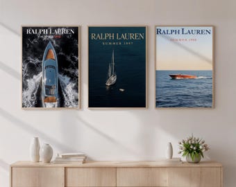Ralph Lauren Yacht Wall Art Set, luxe zeilboot poster trio, oud geld kustdecor, nautische mode afdrukbare muurkunst, digitale download