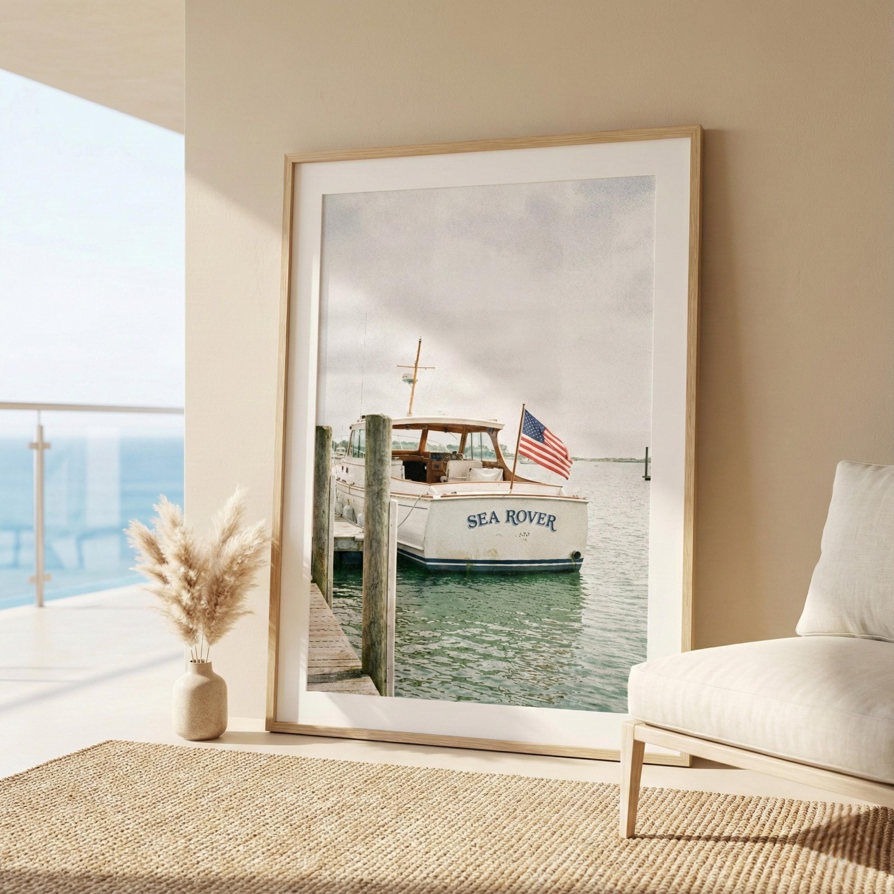 Vintage Yacht Wall Art With American Flag, Nantucket Coastal Decor, Old ...