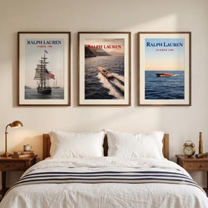 May include: Three framed wall art prints featuring Ralph Lauren Summer 1998 branding. The left print shows a tall ship with an American flag, the center print depicts a wooden motorboat on water, and the right print shows a small boat on the ocean.