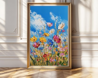 Vintage Floral Field Art Print: Botanical Farmhouse Decor (Digital Download)