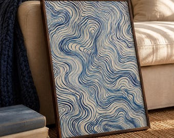 Blue Abstract Wall Art, Indigo Line Art Print, Coastal Printable Decor