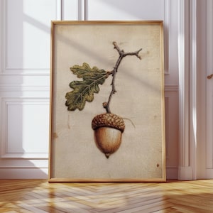 Puede incluir: Una impresión botánica enmarcada que presenta una ilustración detallada de una bellota, una hoja de roble y una rama. La obra de arte tiene una estética vintage con tonos cálidos marrones y verdes, sobre un fondo beige. El marco es de color madera clara.