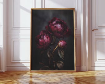 Lámina decorativa de lujo con diseño floral oscuro de peonía – Póster botánico de peonía burdeos, elegante decoración para dormitorio y sala de estar / Descarga digital