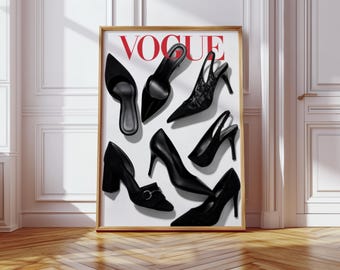 Stampa artistica da parete minimalista ispirata a Vogue, poster di copertina di una rivista di moda, decorazione con scarpe nere con tacco alto, download digitale chic