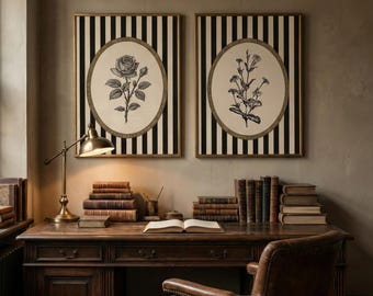Vintage Botanical Print Set, Black White Stripe, Grandmillennial Decor Digital Download