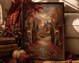 Dark Academia Autumn Manor Wall Art, Vintage Moody Gothic Victorian Painting, Printable Digital Download
