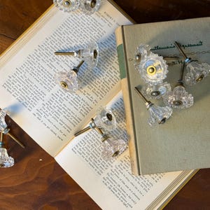 May include: Clear, faceted glass cabinet knobs with brass hardware are arranged on open books. The knobs have a vintage, antique aesthetic. The books are open to reveal printed text.