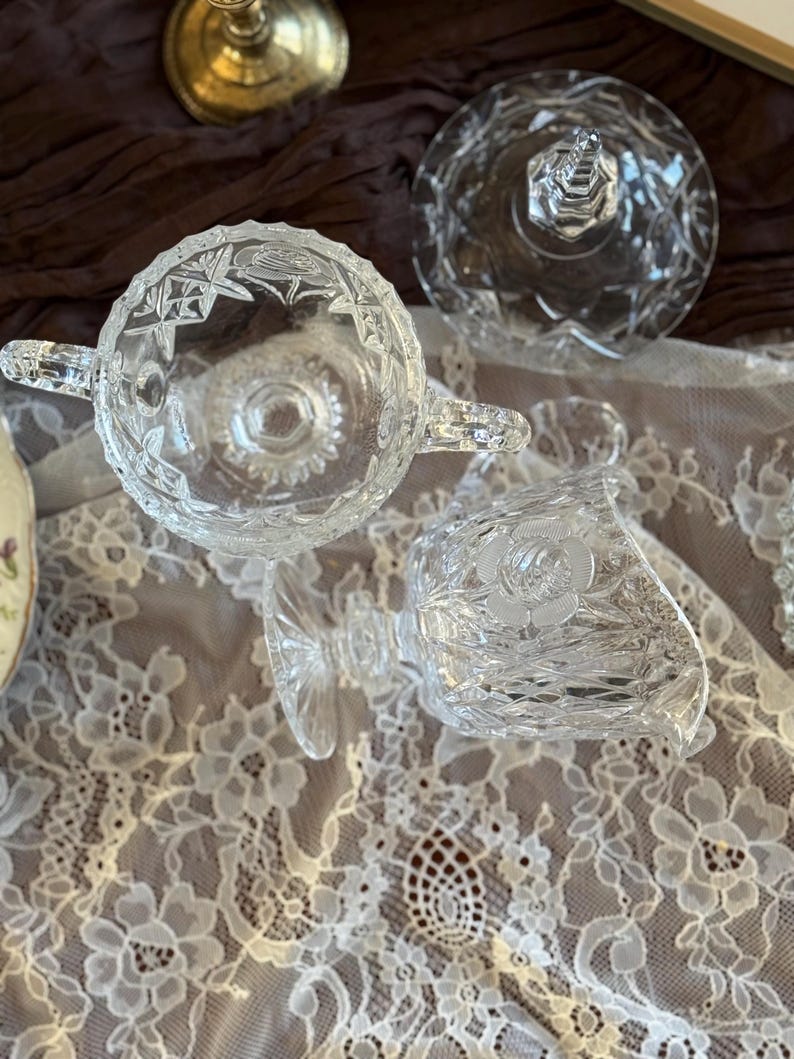 Vintage Crystal Sugar Bowl & Creamer Set: Rose Cut Mid-Century Serveware image 10