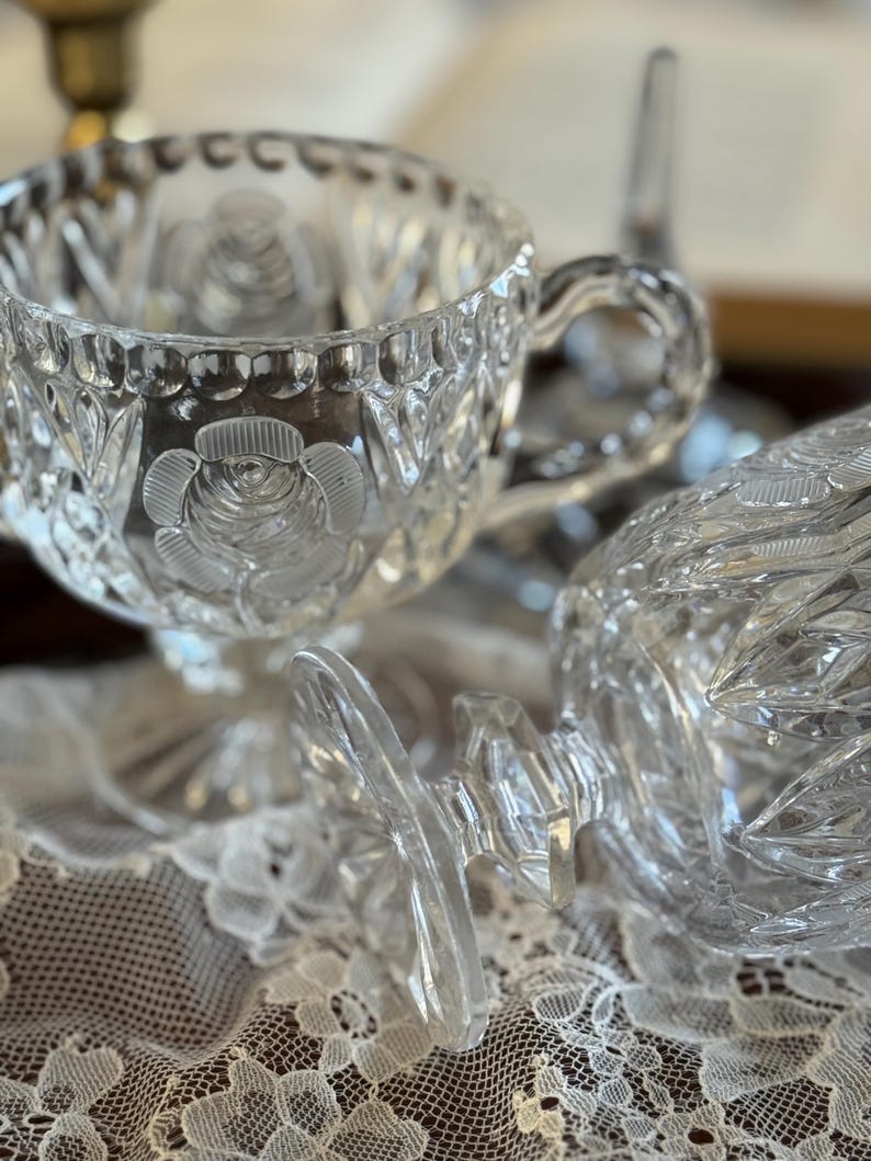 Vintage Crystal Sugar Bowl & Creamer Set: Rose Cut Mid-Century Serveware image 11