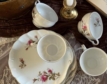 Vintage Bella Rose by Japan Luncheon Snack Plate & Teacup Set of 4 | Floral Tea Set | Cottagecore China