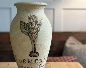Vintage Turmeric Botanical Vase, Rustic Ceramic Herb Decor, Vintage Apothecary Decor, Curcuma longa design