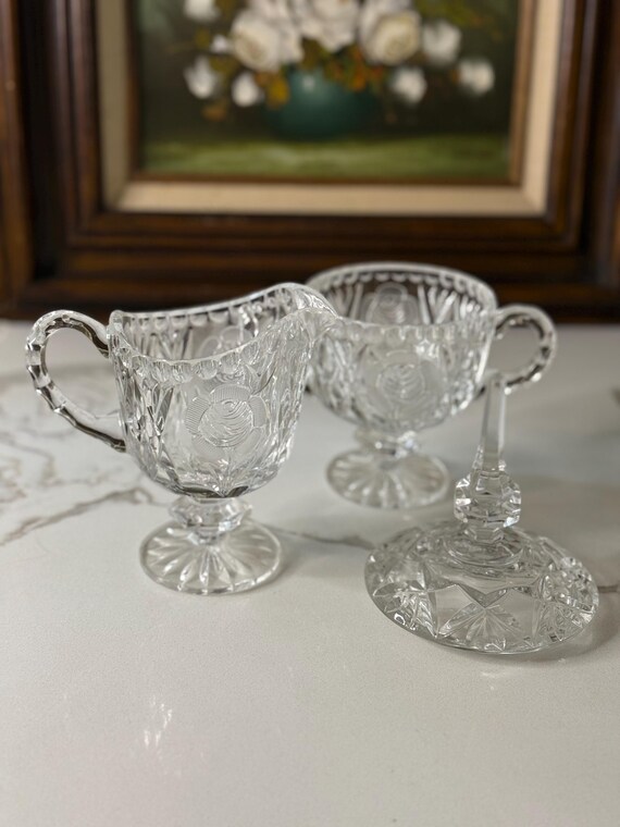 Vintage Crystal Sugar Bowl & Creamer Set: Rose Cut Mid-Century Serveware