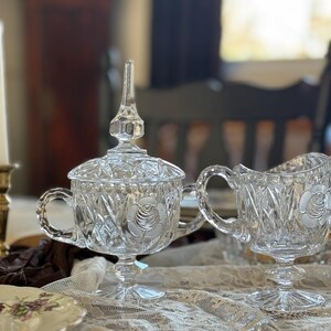 Vintage Crystal Sugar Bowl & Creamer Set: Rose Cut Mid-Century Serveware image 14