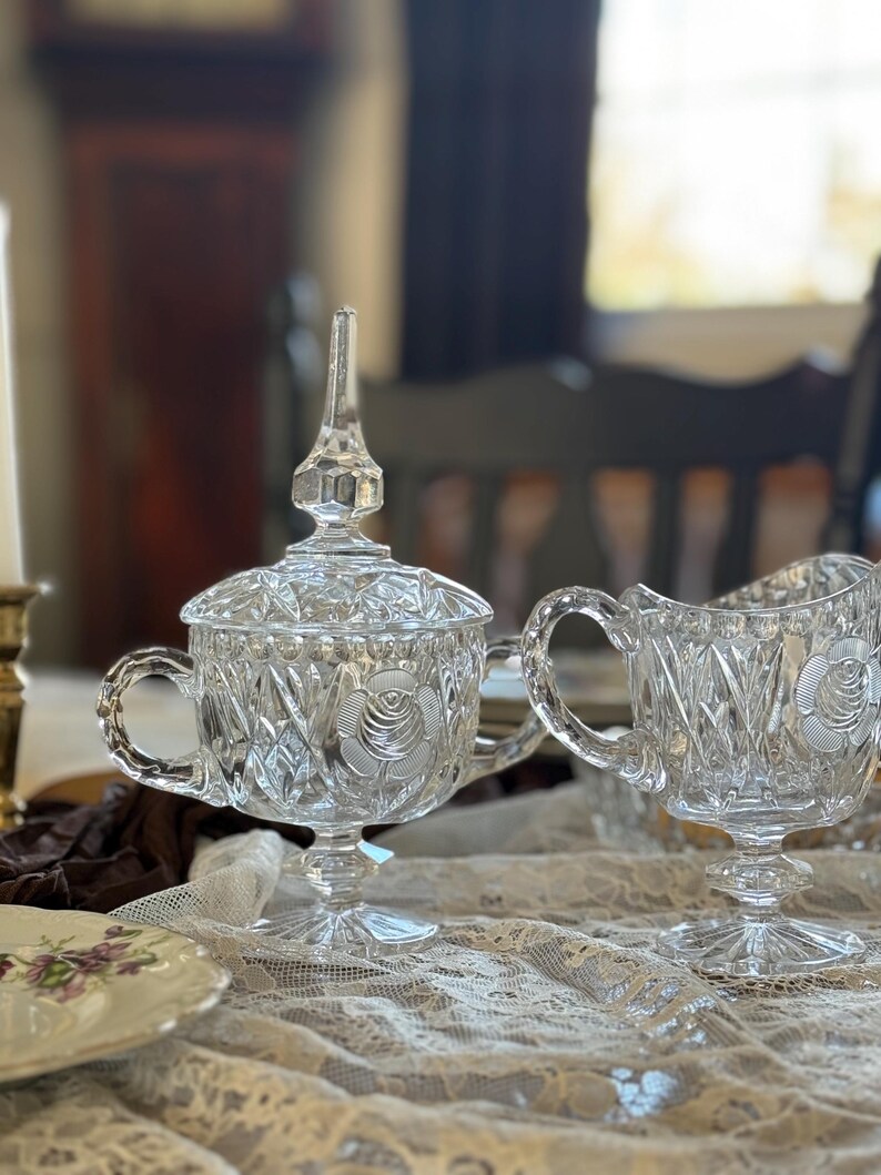 Vintage Crystal Sugar Bowl & Creamer Set: Rose Cut Mid-Century Serveware image 14