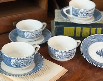 Vintage Currier and Ives Blue Transferware Teacups & Saucers Set of 4 – Royal China – American Historical Scene Tea Cups
