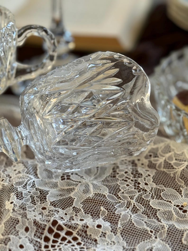 Vintage Crystal Sugar Bowl & Creamer Set: Rose Cut Mid-Century Serveware image 13