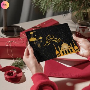 Elegant Ramadan Kareem Digital Cards, Islamic Themed Printable Design, Crescent Moon and Mosque Art, Islamic Calligraphy, Gold Colored Print