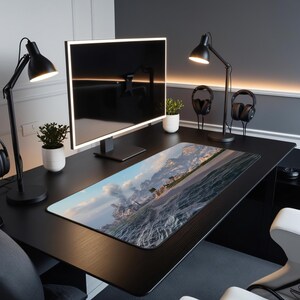 Tanks Map Mines Mousepad, Wellen an der Küste, Sea Küstenstadt Mittelmeerklima Bergblick, ästhetische Büromatte WOT