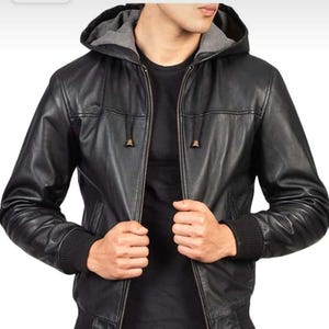 Mens Genuine Black Hooded Bomber Leather Jacket | Real Sheepskin Black Leather Jackets for Men with Removable Hood