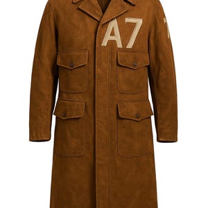 May include: A brown suede coat with a classic design. The coat features a notched collar, multiple front pockets, and the number "A7" in a lighter color on the chest. The coat is knee-length and has a button closure.