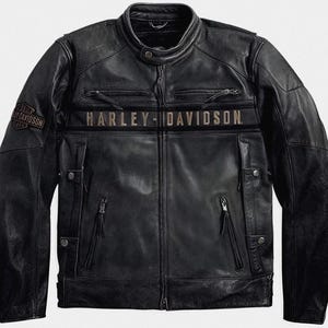 Blouson motard en cuir de vachette noir pour hommes Passing Link Harley - Blouson moto Davidson Cafe Racer à triple aération