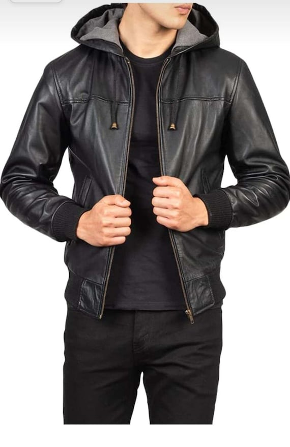 メンズ 本物ブラック フード付きボンバーレザージャケット | 取り外し