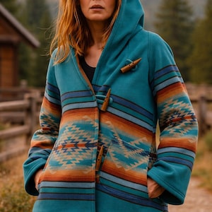 May include: A turquoise hooded jacket with a Southwestern-inspired pattern in shades of orange, blue, and tan. The jacket features wooden toggle closures and a cozy design, perfect for outdoor wear. The jacket has a hood and pockets.