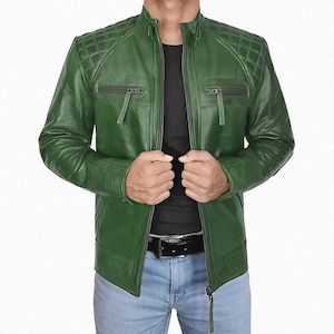 Blouson motard en cuir véritable pour homme Vert | Blouson en cuir vert moto classique Diamond