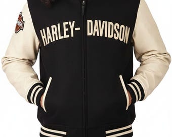 Men’s Harley Varsity Wool & Faux Leather Jacket – Retro Biker Black Bomber Style with Striped Sleeves, Vintage Motorcycle Jacket