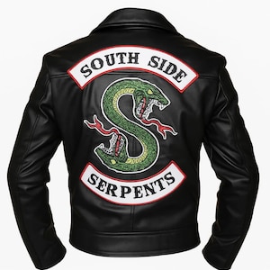 May include: Black leather jacket featuring the "South Side Serpents" patch on the back. The patch shows a green snake with red details and the words "South Side" and "Serpents" in white.