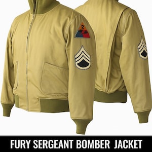 May include: Khaki-colored Fury Sergeant bomber jacket with a green collar, cuffs, and waistband. Features a patch on the left sleeve with a triangle design and sergeant stripes. The jacket has a zipper closure and a pocket.