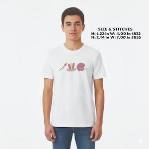 May include: White t-shirt with a minimalist design featuring an arrow, feathers, and a football helmet in shades of pink and tan. The text "SIZE & STITCHES" and measurements are also visible.