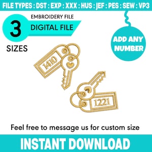 May include: A digital embroidery file featuring two gold-colored key designs with rectangular tags labeled 1410 and 1221. The text includes FILE TYPES: DST : EXP : XXX : HUS : JEF : PES : SEW : VP3, EMBROIDERY FILE, DIGITAL FILE, 3 SIZES, ADD ANY NUMBER, Feel free to message us for custom size, and INSTANT DOWNLOAD.