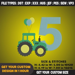 May include: Green tractor with black wheels and three balloons, next to a large number 5. The image includes the text "GET YOUR CUSTOM DESIGN IN 1 HOUR" and size information: 4.42 in x 5.00 in and 6.19 in x 7.00 in.