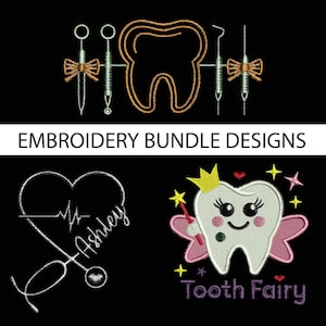 Dental Embroidery Bundle | Tooth Fairy, Heartbeat Stethoscope Designs (Digital Download)