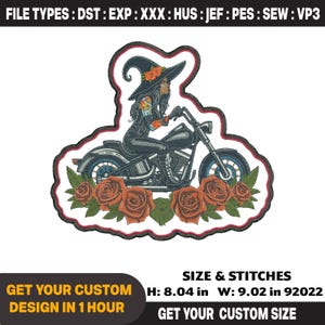 Puede incluir: Parche bordado que representa a una mujer en una motocicleta, con un sombrero de bruja y ropa de cuero. El diseño incluye rosas naranjas y hojas verdes. El parche mide 20,4 cm de alto y 22,9 cm de ancho.