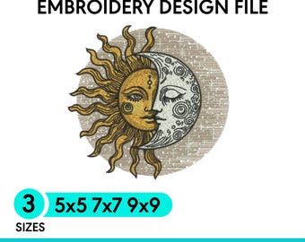 Könnte beinhalten: Eine Stickdatei mit einem Sonnen- und Mondmotiv. Die Sonne ist goldfarben mit Strahlen, der Mond ist silberfarben mit verschlungenen Mustern. Der Hintergrund ist ein strukturierter beiger Kreis. Text: FILE TYPES: DST : EXP : XXX : HUS : JEF : PES : SEW : VP3, EMBROIDERY DESIGN FILE, 3 SIZES 5x5 7x7 9x9, INSTANT DOWNLOAD.