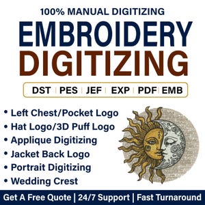 Puede incluir: Un anuncio de servicio digital para digitalización de bordados 100% manual. El texto enumera formatos DST, PES, JEF, EXP, PDF, EMB y servicios que incluyen digitalización de logotipos para bolsillos, gorras, 3D puff, apliques, chaquetas y retratos.