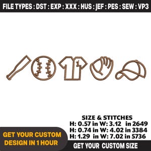 Op de afbeelding: Bruine geborduurde honkbalthema-ontwerpen, waaronder een knuppel, bal, shirt, handschoen en pet. De afbeelding bevat tekst met de tekst "Get Your Custom Design in 1 Hour" en "Get Your Custom Size". De hoogte van de honkbalontwerpen is 1,45 tot 3,28 cm.